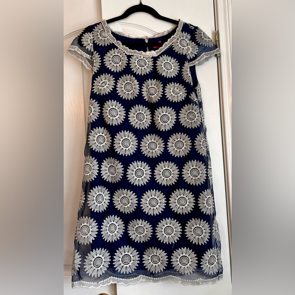 Betsey Johnson Blue and Cream Sheath Dress Cap Sleeve